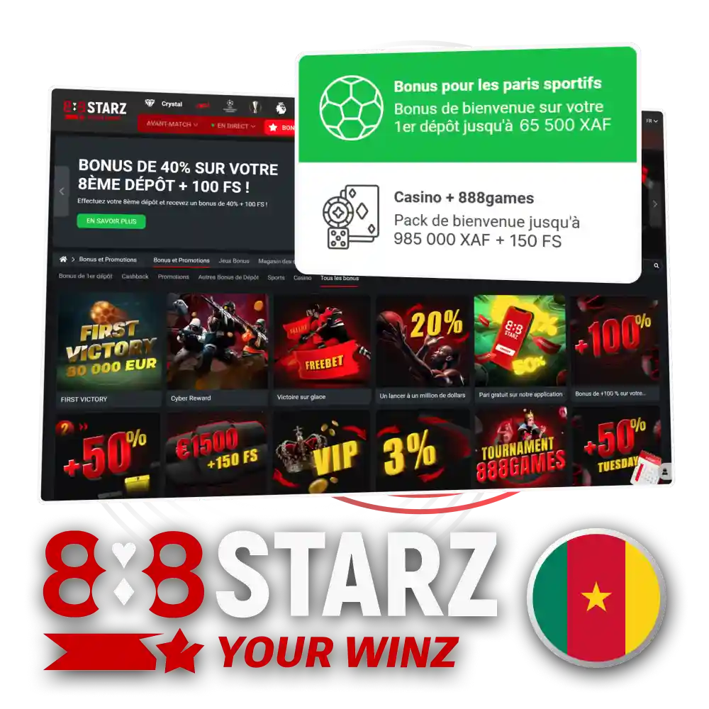 Recevez votre bonus de bienvenue et gagnez à 888starz au Cameroun.