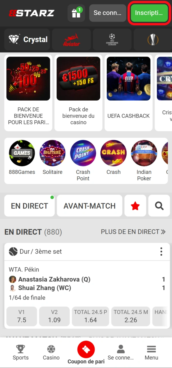 Ouvrez l'application 888starz et appuyez sur le bouton d'inscription.