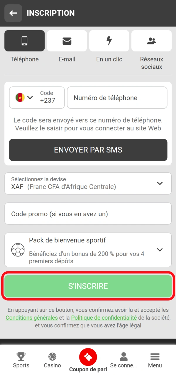 Terminez l'enregistrement de l'application 888starz en cliquant sur le bouton.