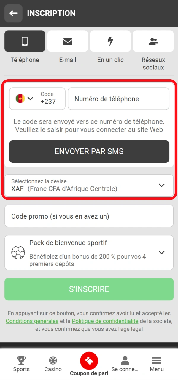 Remplissez tous les champs de votre compte mobile 888starz Cameroun.