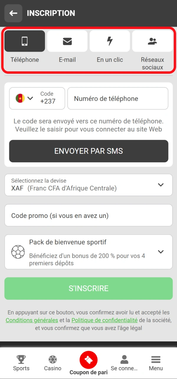 Choisissez votre option d'inscription 888starz préférée depuis l'application mobile.