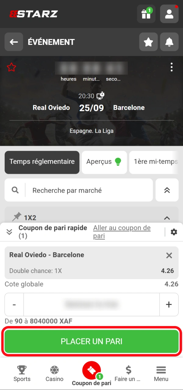 Confirmez votre pari pour placer votre mise sur l'application 888starz.