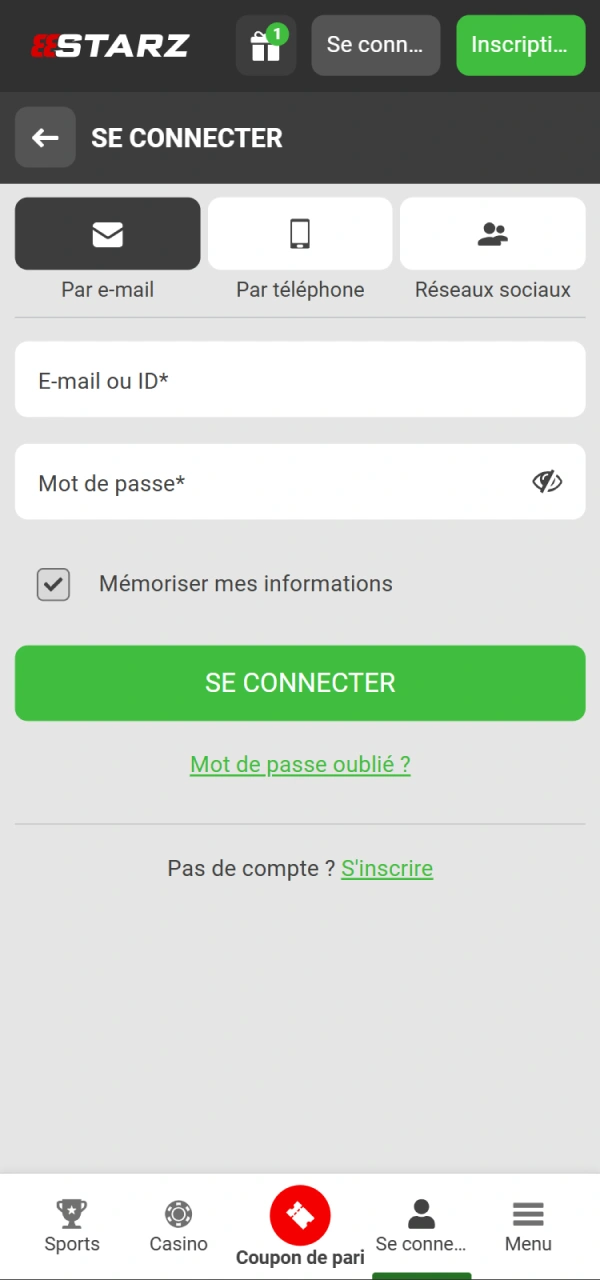 Ouvrez l'application 888starz et entrez vos identifiants pour miser.