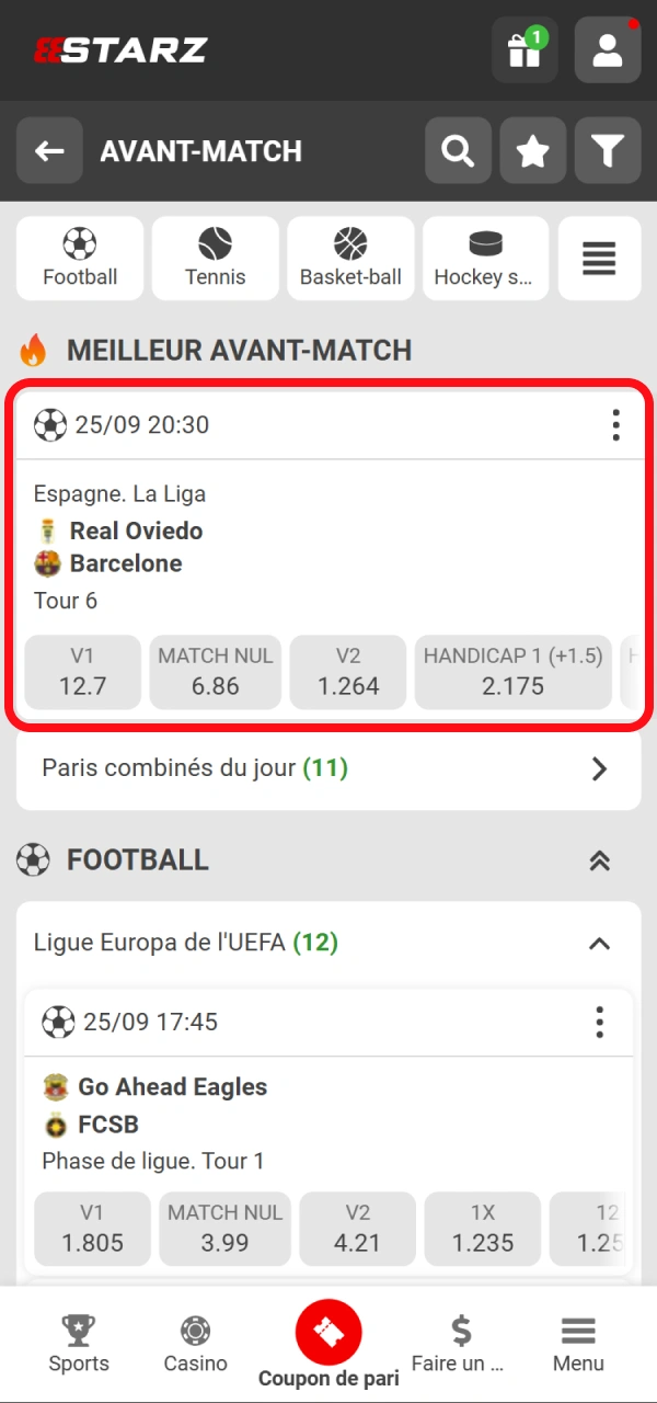 Choisissez les cotes sportives intéressées disponibles sur l'application mobile 888starz.