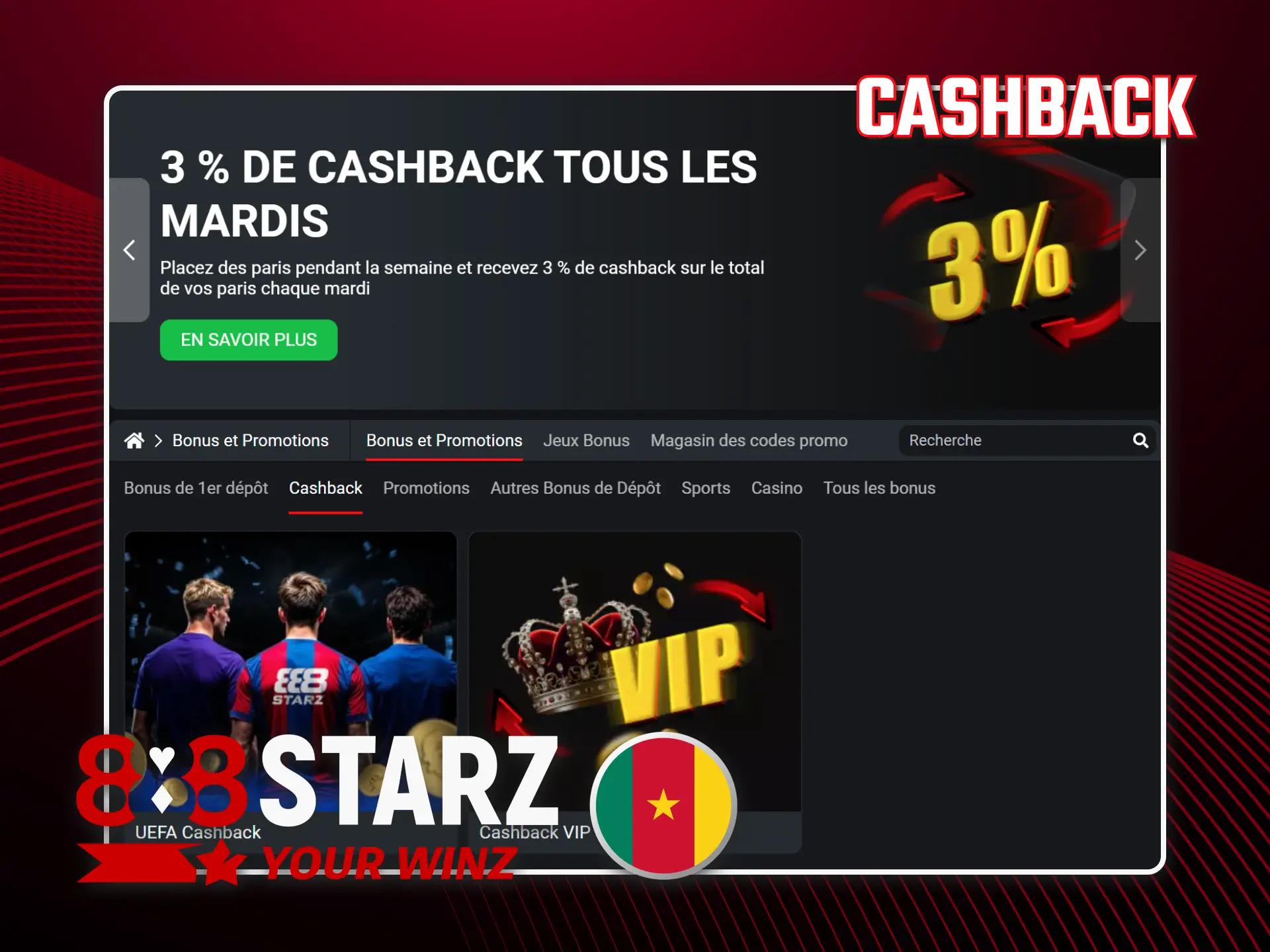 Profitez d'un cashback unique sur vos dépôts avec 888starz Cameroun.