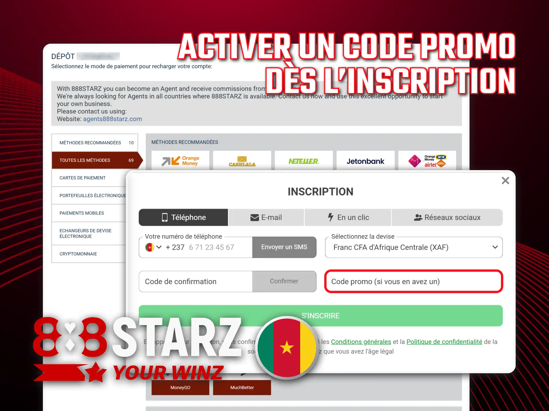 Utilisez un code pour les bonus lors de l'inscription 888starz.
