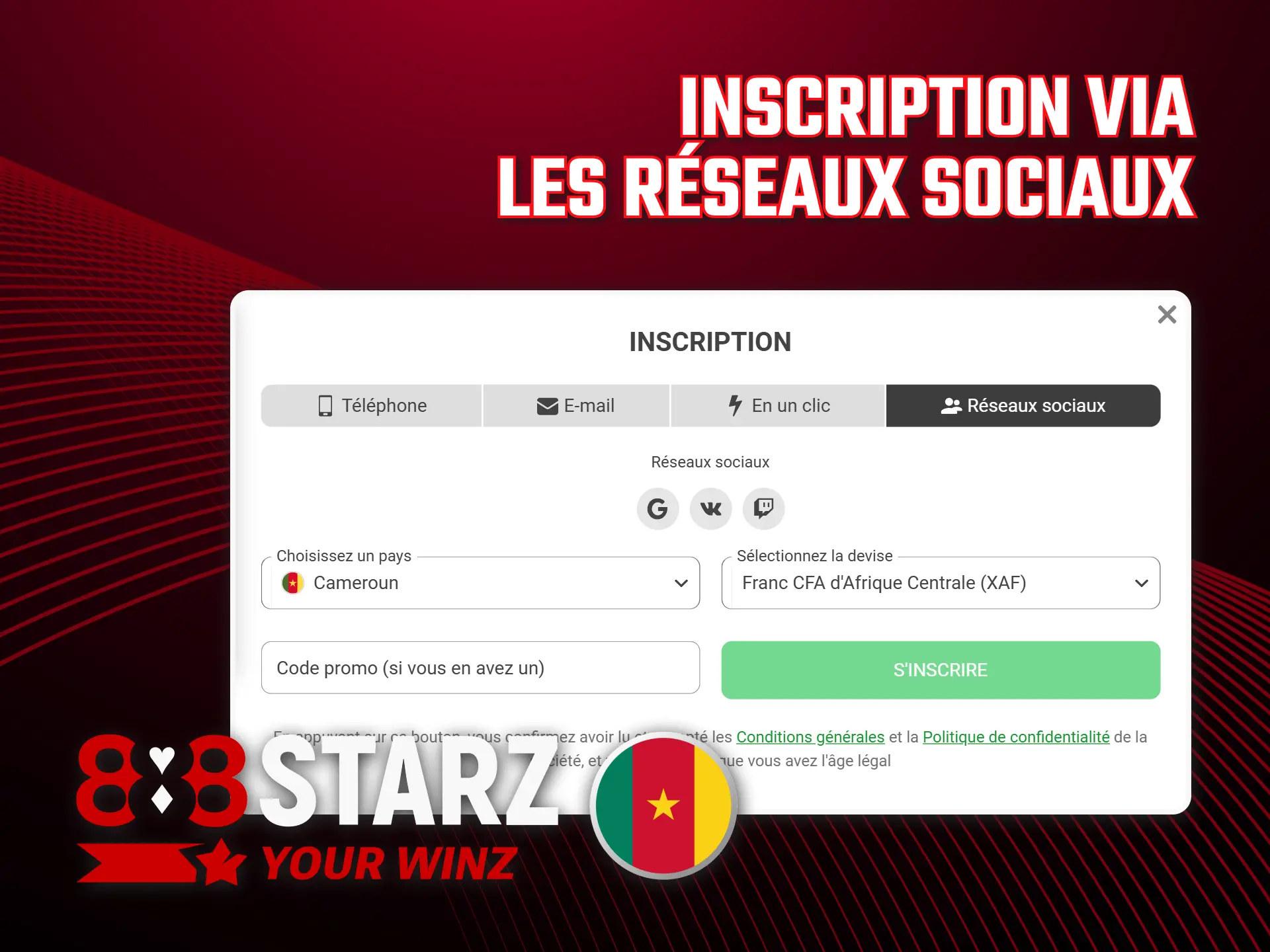 Liez 888starz aux réseaux sociaux pour faciliter le processus d'inscription.