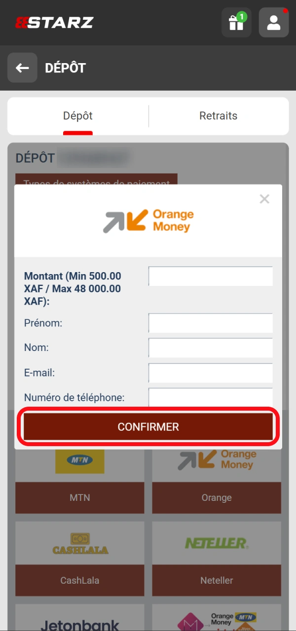 Confirmez votre dépôt sur le système de paiement 888starz.