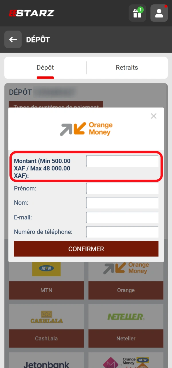 Entrez un montant de dépôt sur la plateforme 888starz.