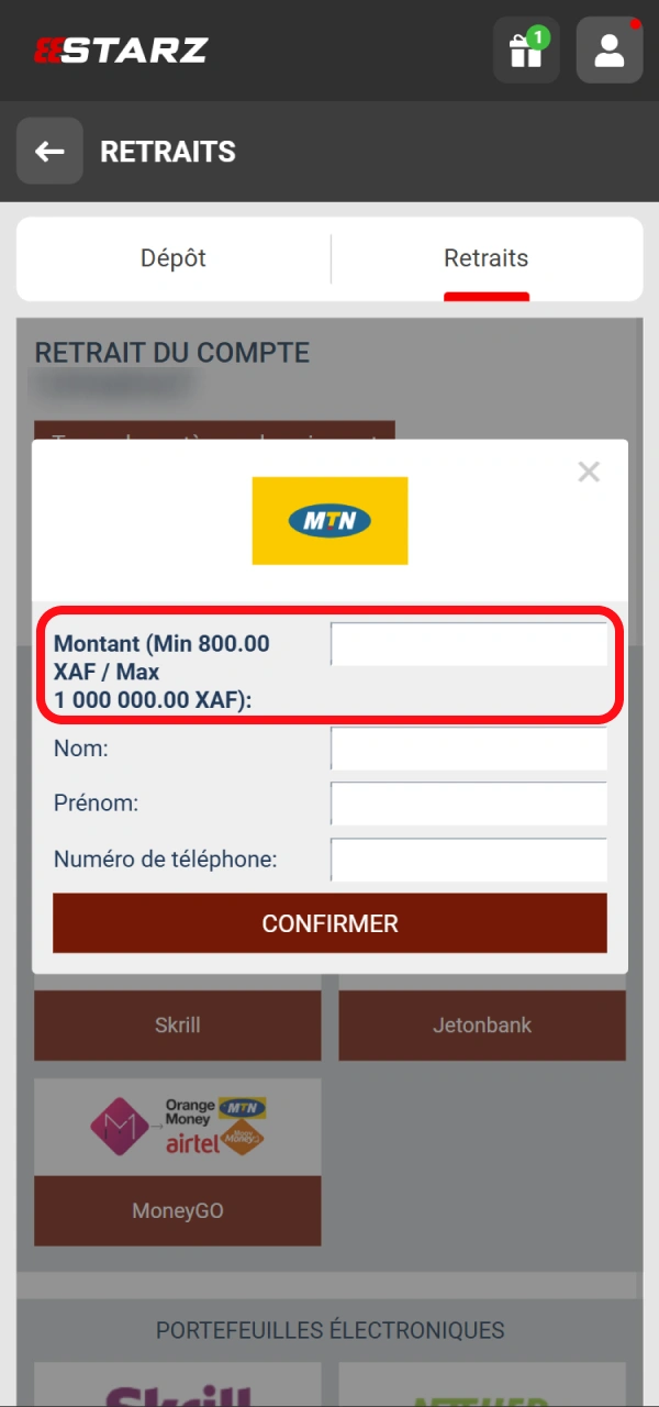 Saisissez le montant de retrait souhaité sur la plateforme 888starz.