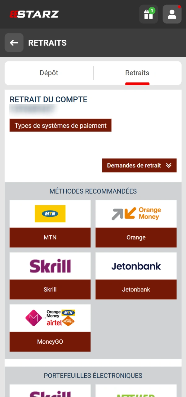 Sélectionnez votre option de retrait préférée sur 888starz Cameroun.