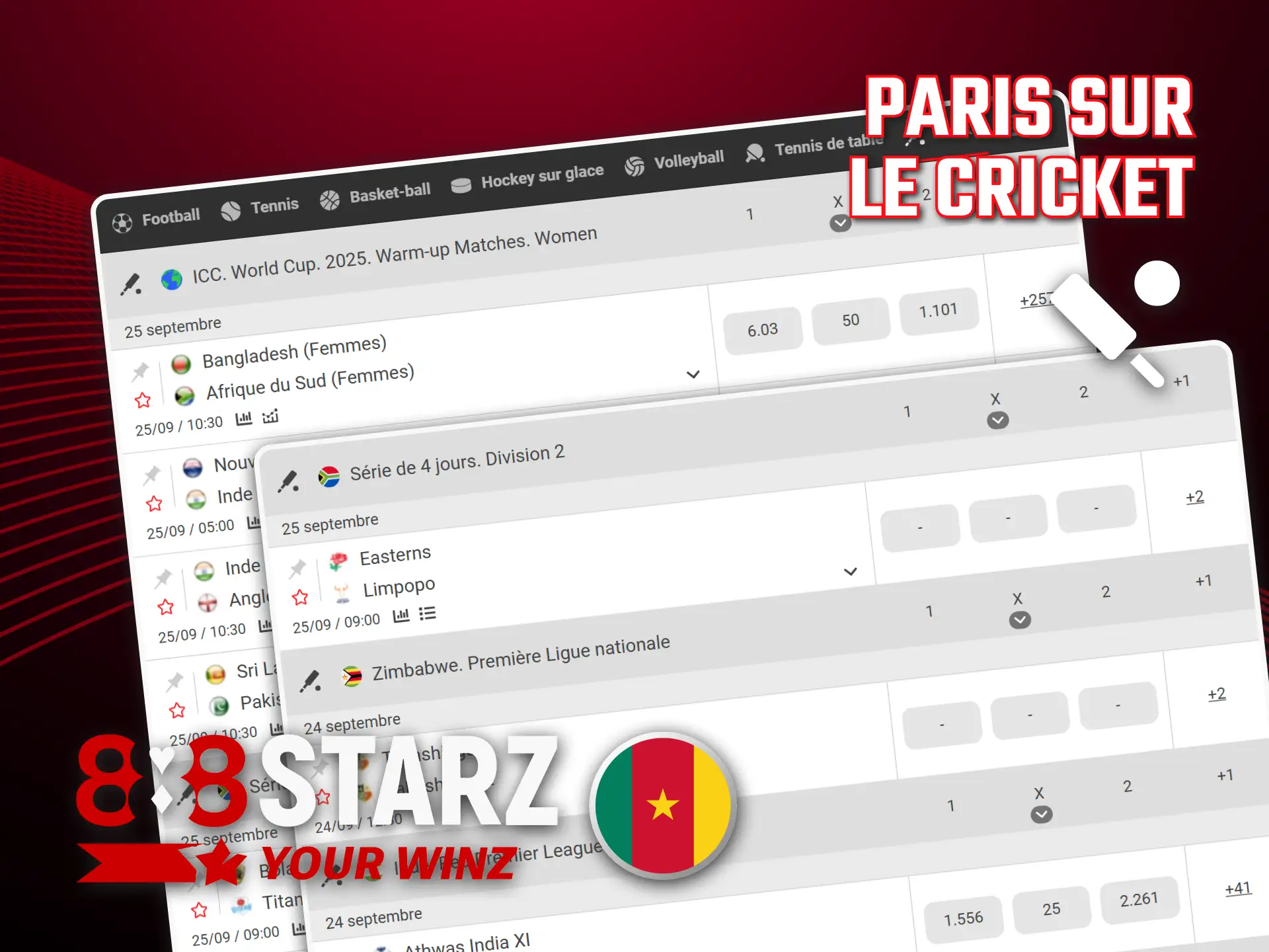 Explorez les options de paris cricket sur 888starz Cameroun officiel.