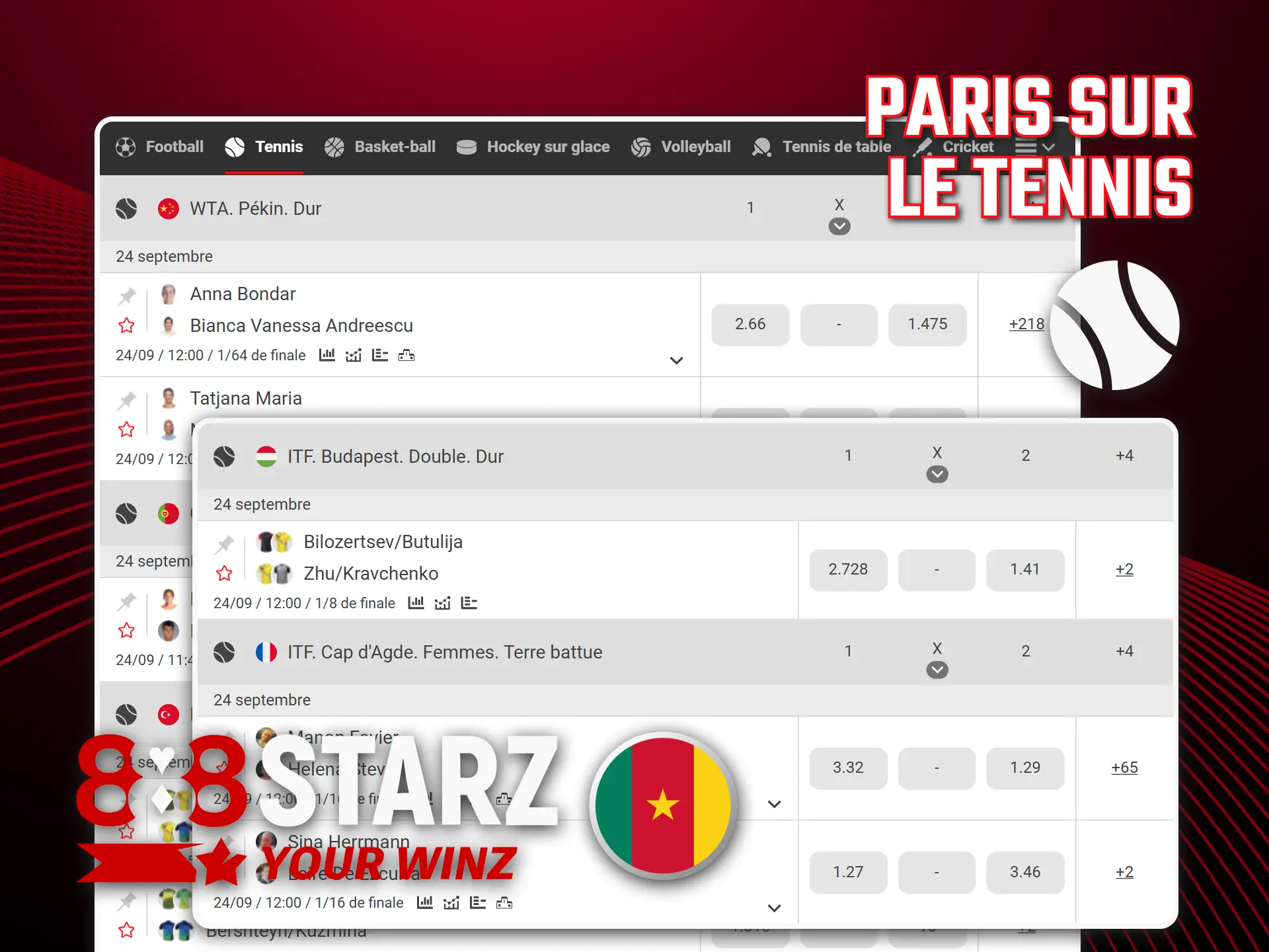 Gagnez avec les marchés officiels des sets de tennis 888starz.