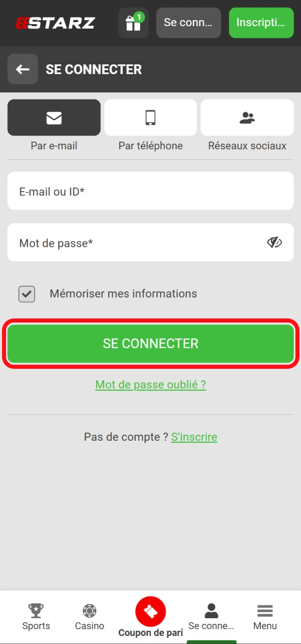 Appuyez sur le bouton de connexion pour accéder à 888starz.