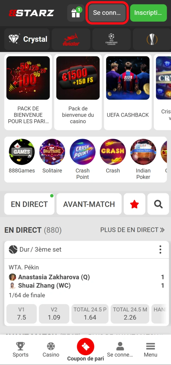 Cliquez Se connecter sur le site Web officiel de 888starz.