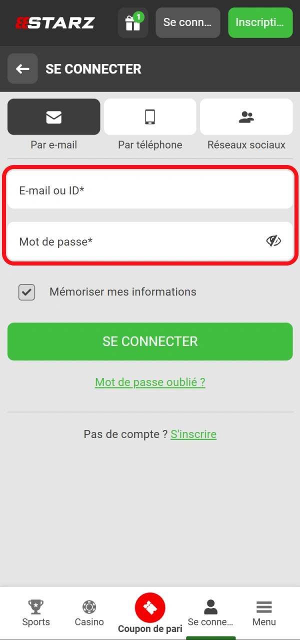 Connectez-vous à 888starz en saisissant vos informations personnelles.