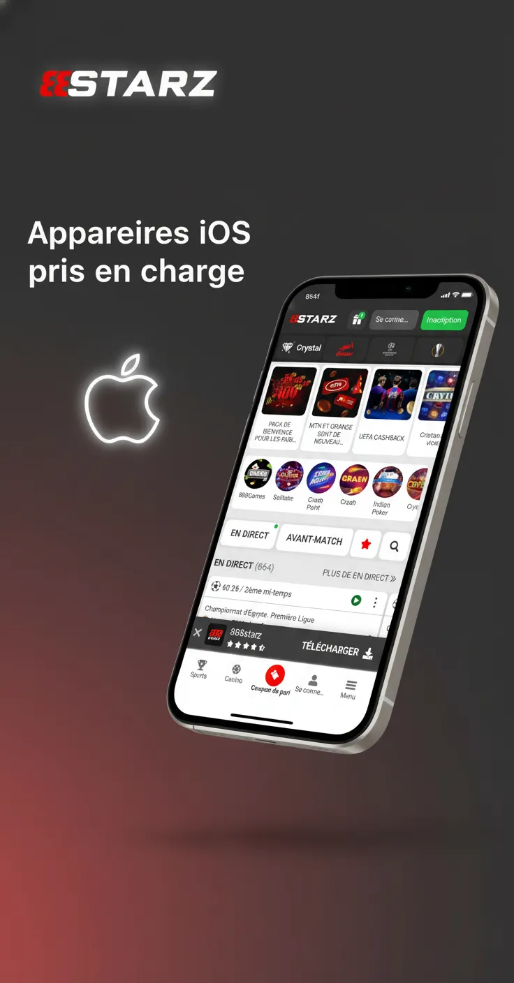 Appareils iOS pris en charge pour 888starz: iPhone 11–15 (dont 15 Pro), XR, SE 2022; iPad 9e gén., iPad Air 5.