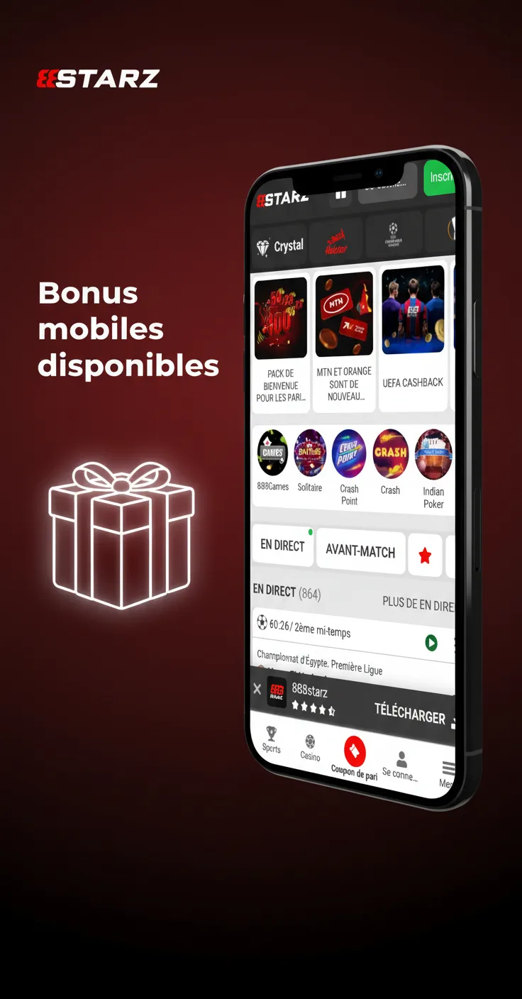 Écran mobile: bonus disponibles — 100% dépôt sport jusqu’à 65 500 XAF, pack casino jusqu’à 985 000 XAF + 150 tours gratuits.