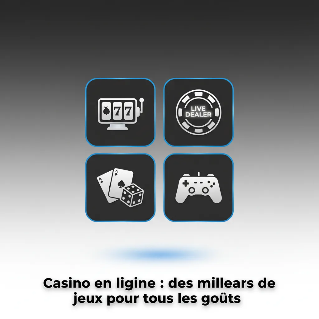 Mosaïque de milliers de jeux de casino en ligne: machines à sous, blackjack, roulette, poker, baccarat, game shows en direct.