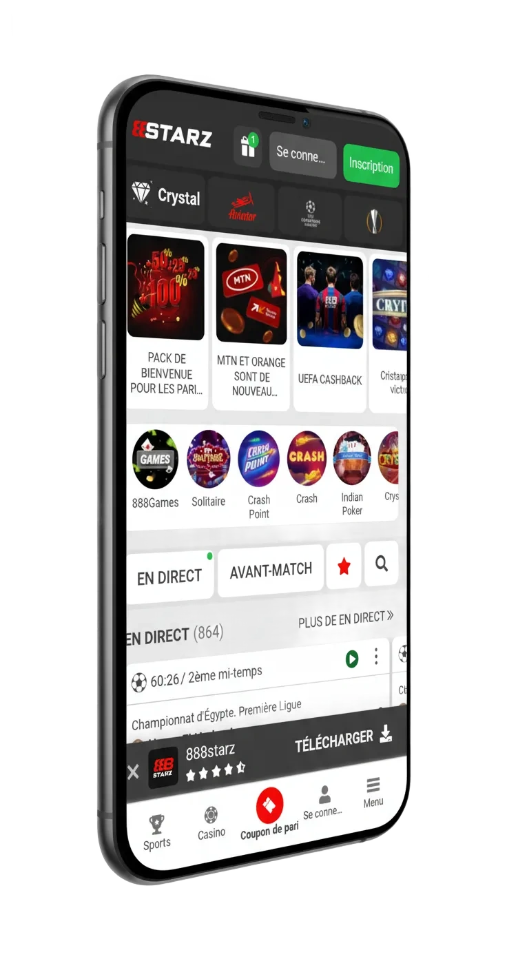 iPhone et iPad avec l'appli 888starz au Cameroun, cotes en direct, jeux de casino et bonus de bienvenue en XAF.