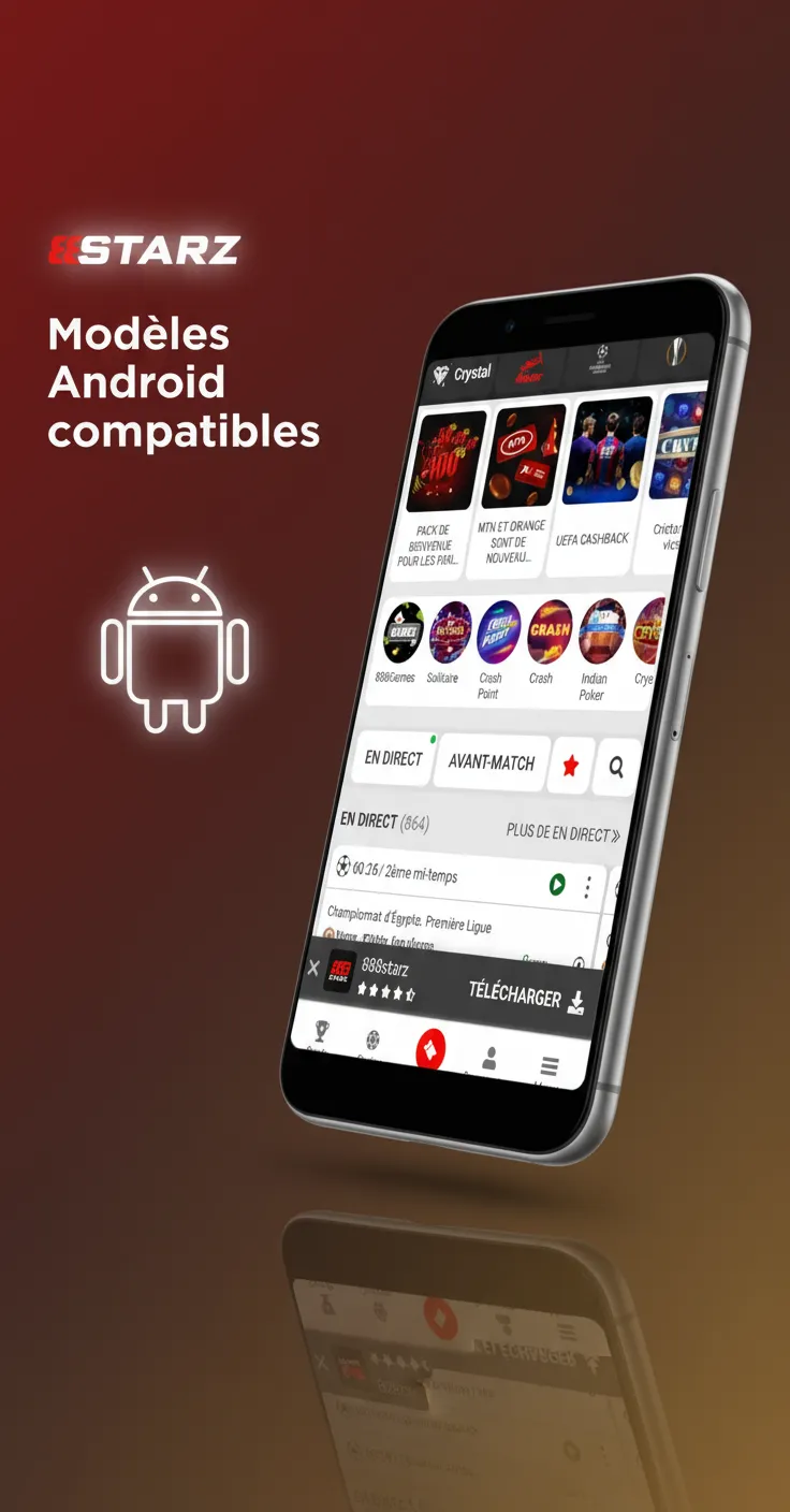 Modèles Android compatibles PWA 888starz: Galaxy S21/S22/A52/S20 FE, P30/P40 Lite, Redmi Note 10, Camon 19, Pixel 5.