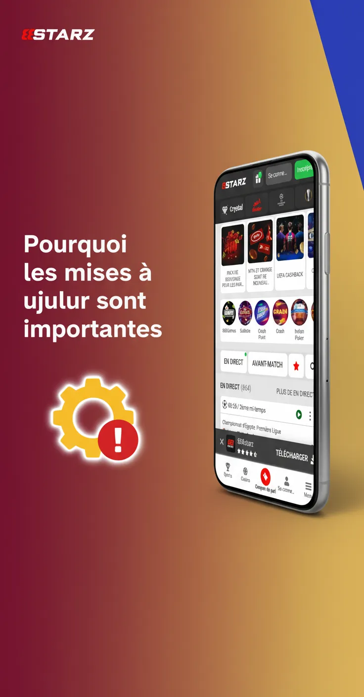 Visuel sur l'importance des mises à jour: corrections de bugs, sécurité, rapidité, nouveaux jeux et paiements locaux.