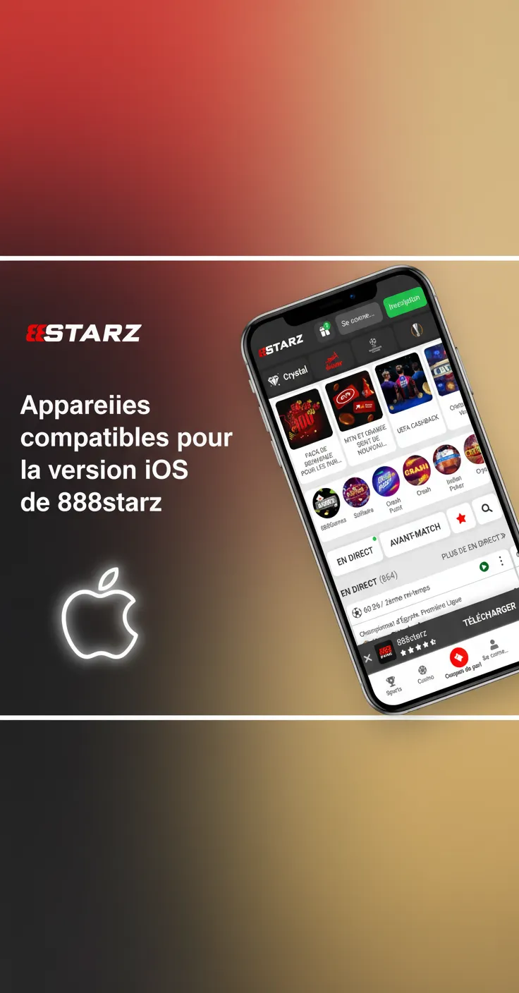 Appareils iOS compatibles pour 888starz: iPhone 11-15, SE 2020/2022; iPad 9/10, Air 4/5, Pro 11/12.9; via Safari, iOS 13+.