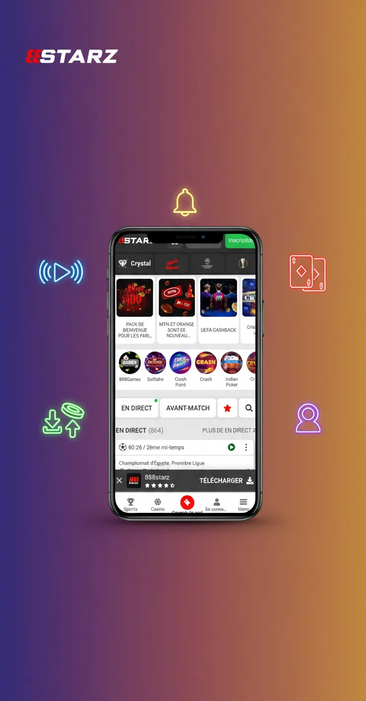 Interface mobile 888starz: en direct, casino, coupon, paiements MTN/Orange au Cameroun, notifications de buts et cashout.