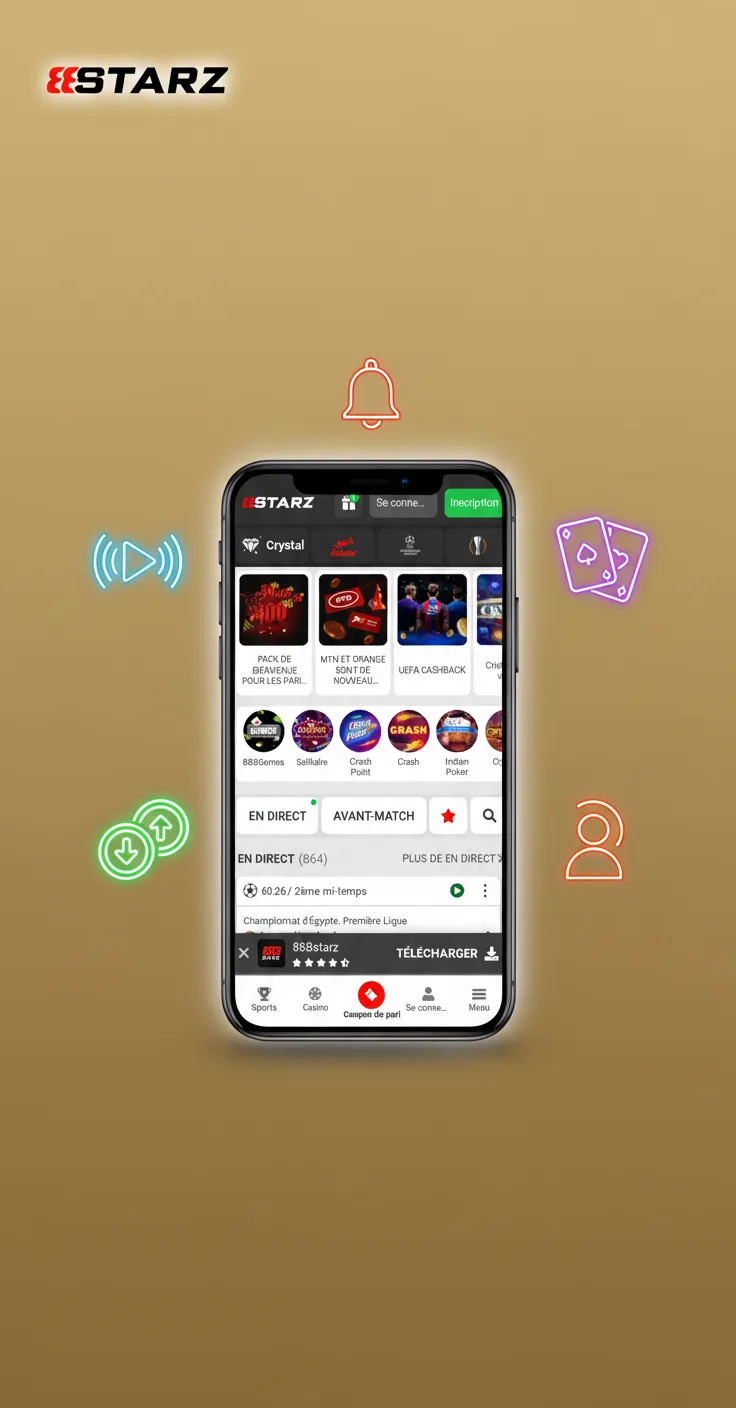 Infographie: points forts de 888starz mobile au Cameroun—PWA légère, XAF, bonus, paris en direct, jeux, support 24/7 FR/EN