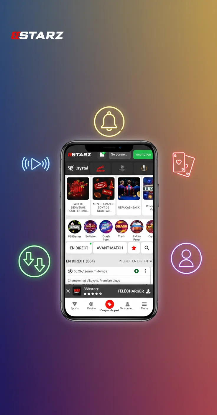 Visuel des points forts de l'app 888starz Cameroun: paiements MTN/Orange Money, XAF, cotes live, Cash Out, support 24/7.